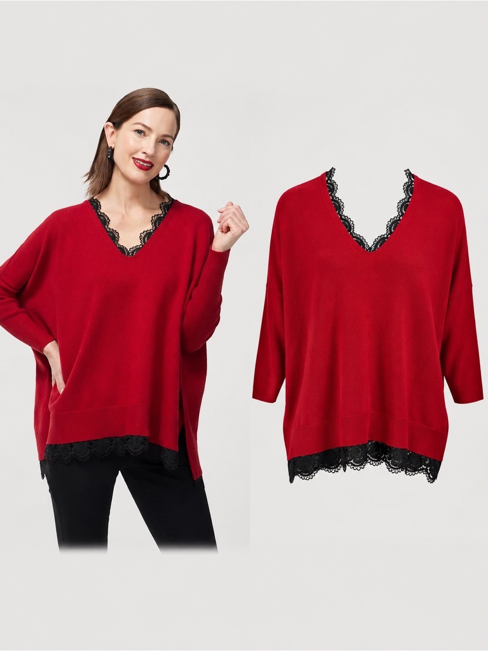 Chico’s | Red Lace Trim Poncho Sweater | V-Neck | S/M